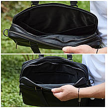 Офісна чоловіча сумка через плече 39х29х10, шкіряний портфель-месенджер для бізнесу, чорний, фото 4