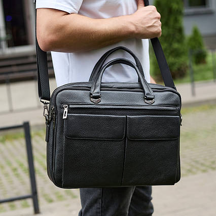 Сумка чоловіча офісна через плече 39х29х10, практичний шкіряний портфель для бізнесу, сумочка для навання, чорний, фото 1