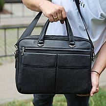 Сумка чоловіча офісна через плече 39х29х10, практичний шкіряний портфель для бізнесу, сумочка для навання, чорний, фото 2