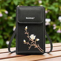 Жіноча міні клатч сумочка з квітами вишивка для телефону, маленька сумка гаманець на плече з квіточками Чорний
