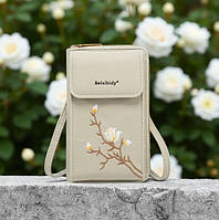 Жіноча міні клатч сумочка з квітами вишивка для телефону, маленька сумка гаманець на плече з квіточками Сірий