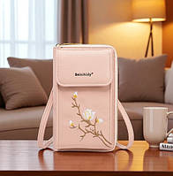 Жіноча міні клатч сумочка з квітами вишивка для телефону, маленька сумка гаманець на плече з квіточками Пудровий