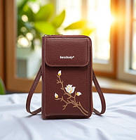 Жіноча міні клатч сумочка з квітами вишивка для телефону, маленька сумка гаманець на плече з квіточками Бордовий