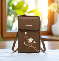 Жіноча міні клатч сумочка з квітами вишивка для телефону, маленька сумка гаманець на плече з квіточками Коричневий