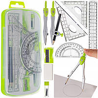 Геометрический набор 10 предметов линейка, циркуль, транспортир ,школьный угольник Maaleo (26170)
