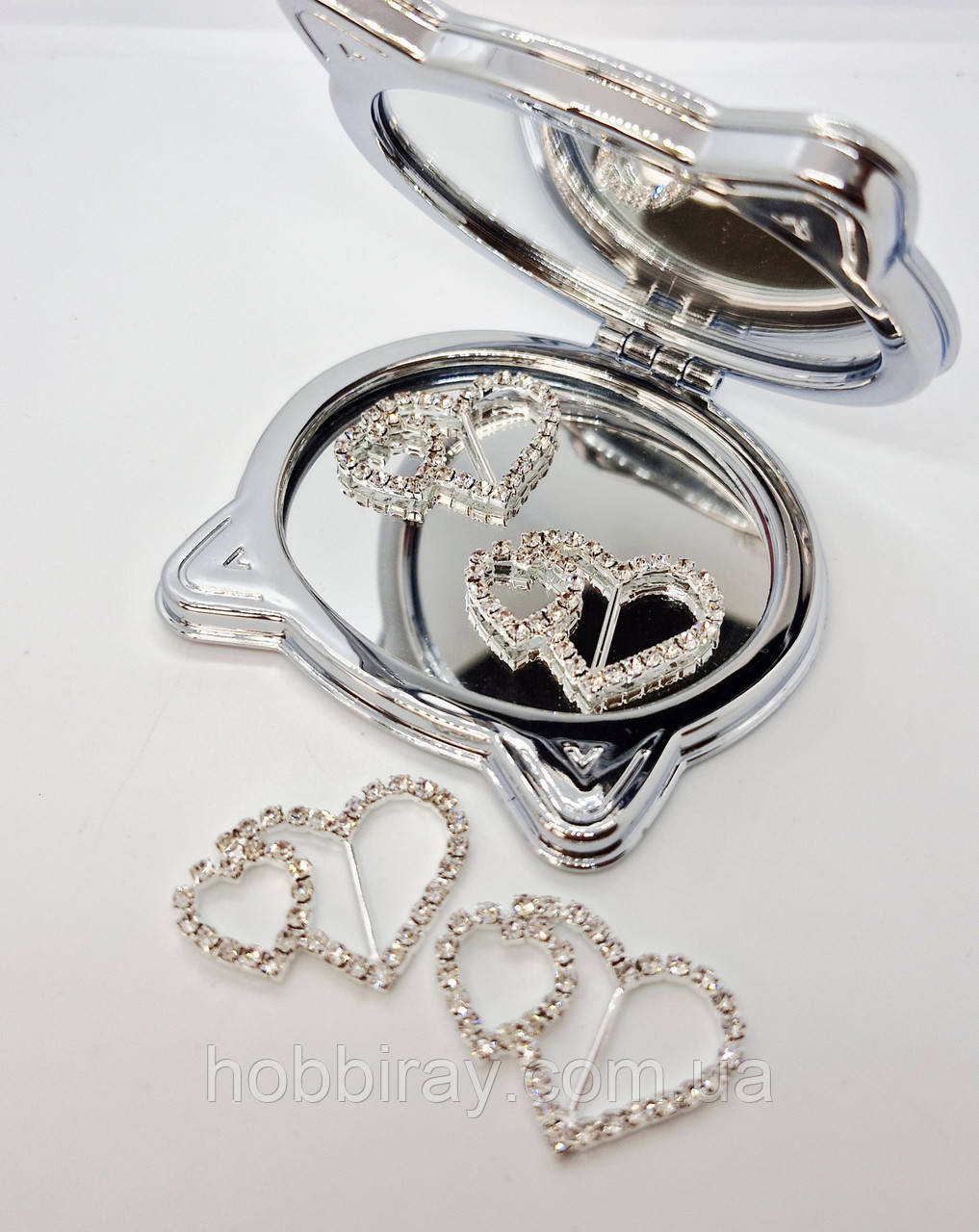 Пряжна для стрічки. 2 серця.  Срібний колір. 3,3*2,5 см. 1 шт., фото 1