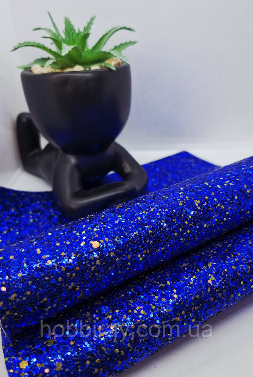 Еко шкіра.  А4. Крупний глітер.  Колір синій., фото 1