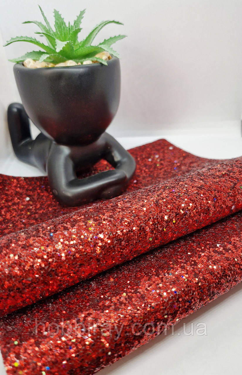 Еко шкіра.  А4. Крупний глітер.  Колір червоний., фото 1