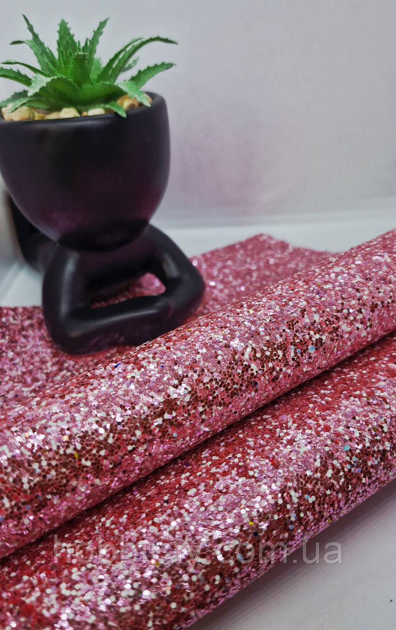 Еко шкіра.  А4. Крупний глітер.  Колір рожевий., фото 1