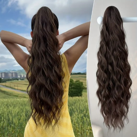 Хвост для волос коричневий на крабе из термоволокна длинный 61 см с возможностью регулировки, фото 1