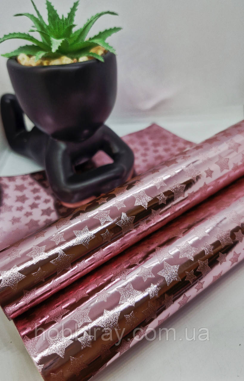 Еко шкіра. "Зірочки "А4. Лак.  Колір рожевий., фото 1