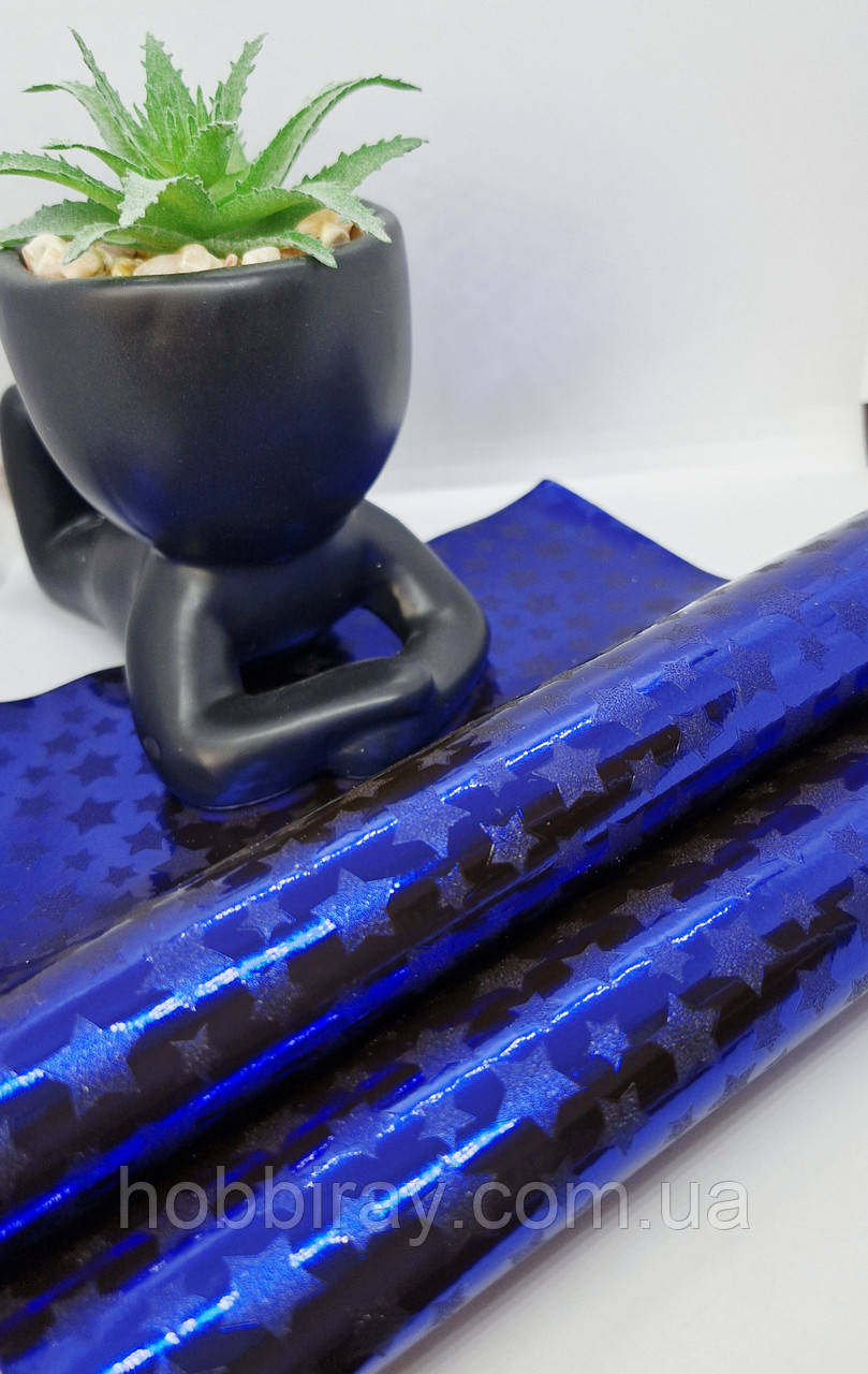 Еко шкіра. "Зірочки "А4. Лак.  Колір синій., фото 1