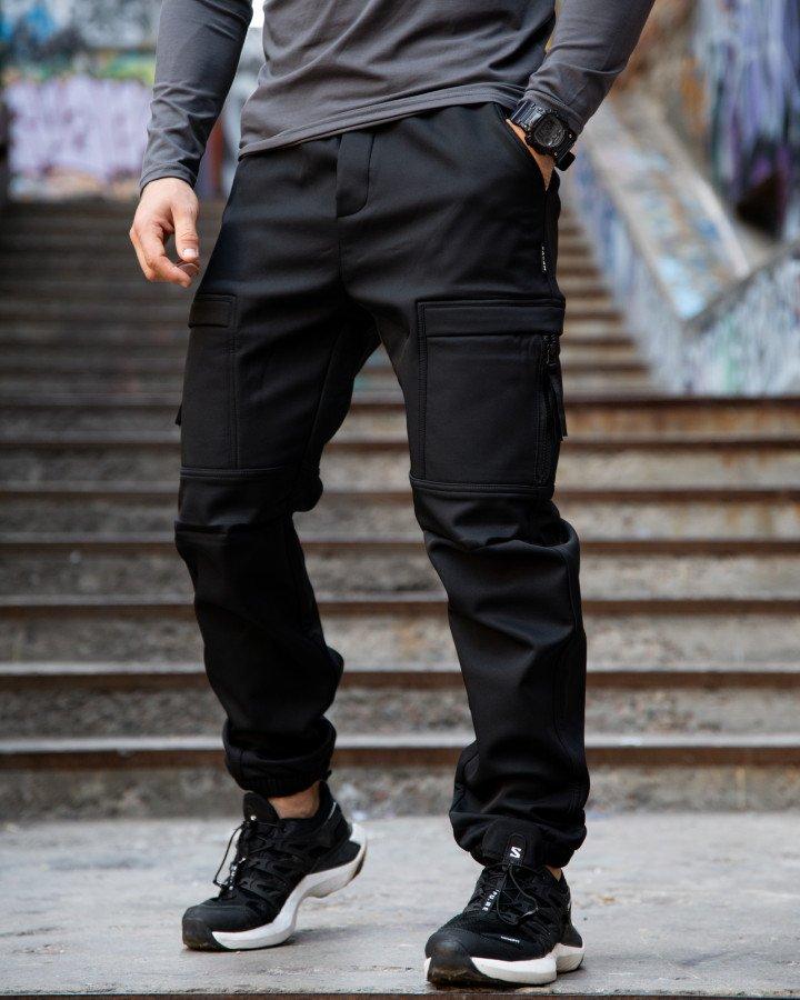 Міські карго штани софтшел HE чорні, тактичні штани чоловічі зимові, вітровологозахисні штани карго