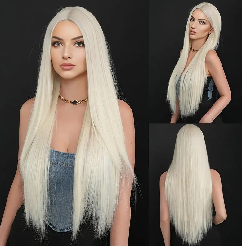 Перука блондин платиново-білий колір довга рівна густа натуральний вигляд термоволокно 80 см, фото 1