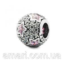 Срібний шарм Пандора "Рожеві зірки Паве" 791382PCZ, фото 1