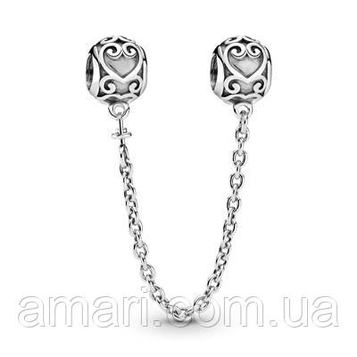 Срібний захисний ланцюжок Пандора "Ажурні серця" 797036, фото 1