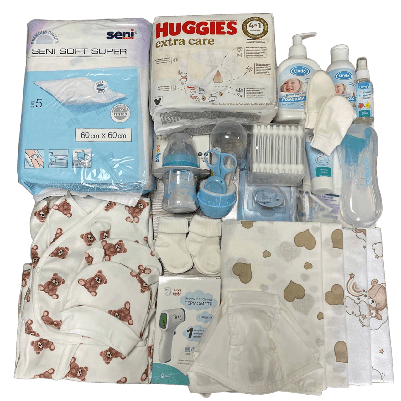 Готовий набір в пологовий будинок для новонародженого малюка + прозора сумка в подарунок EkoMama Ведмедики, фото 1