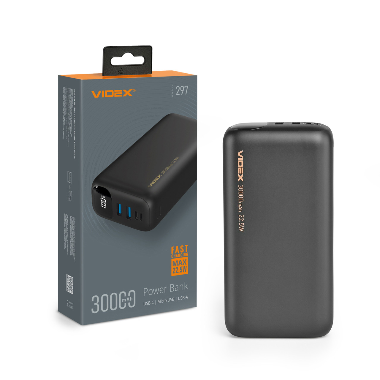 Повербанк VIDEX VPB-297, 30000mAh, PD+QC, 22,5W Black
