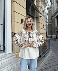 Жіноча вишиванка світло-бежевого кольору з бежевими візерунками розміри XL, 2XL, 3XL