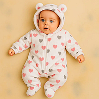 Дитячий махровий комбінезон з закритими ніжками та капюшоном 68см (3-6міс),   1 шт (серця\капюшон)