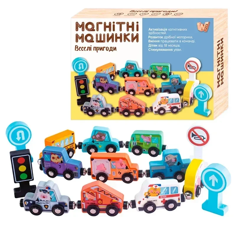 Дерев'яні машинки на магнітах 49325 WToys поїзд, фото 1