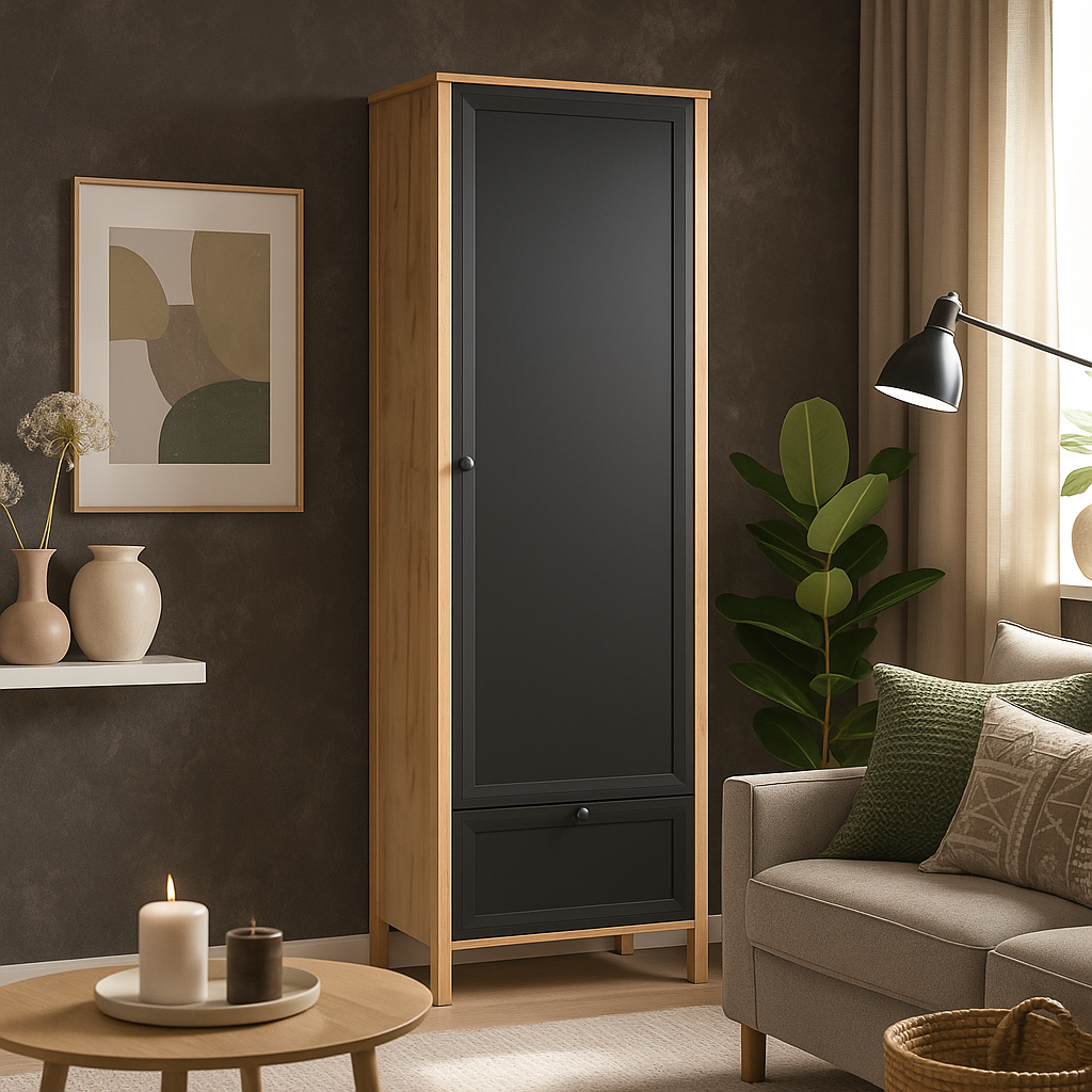 Стильна закрита вузька шафа пенал 60 см з полицями для книг і шухлядою на ніжках у вітальню зал Брент ВМВ Холдинг