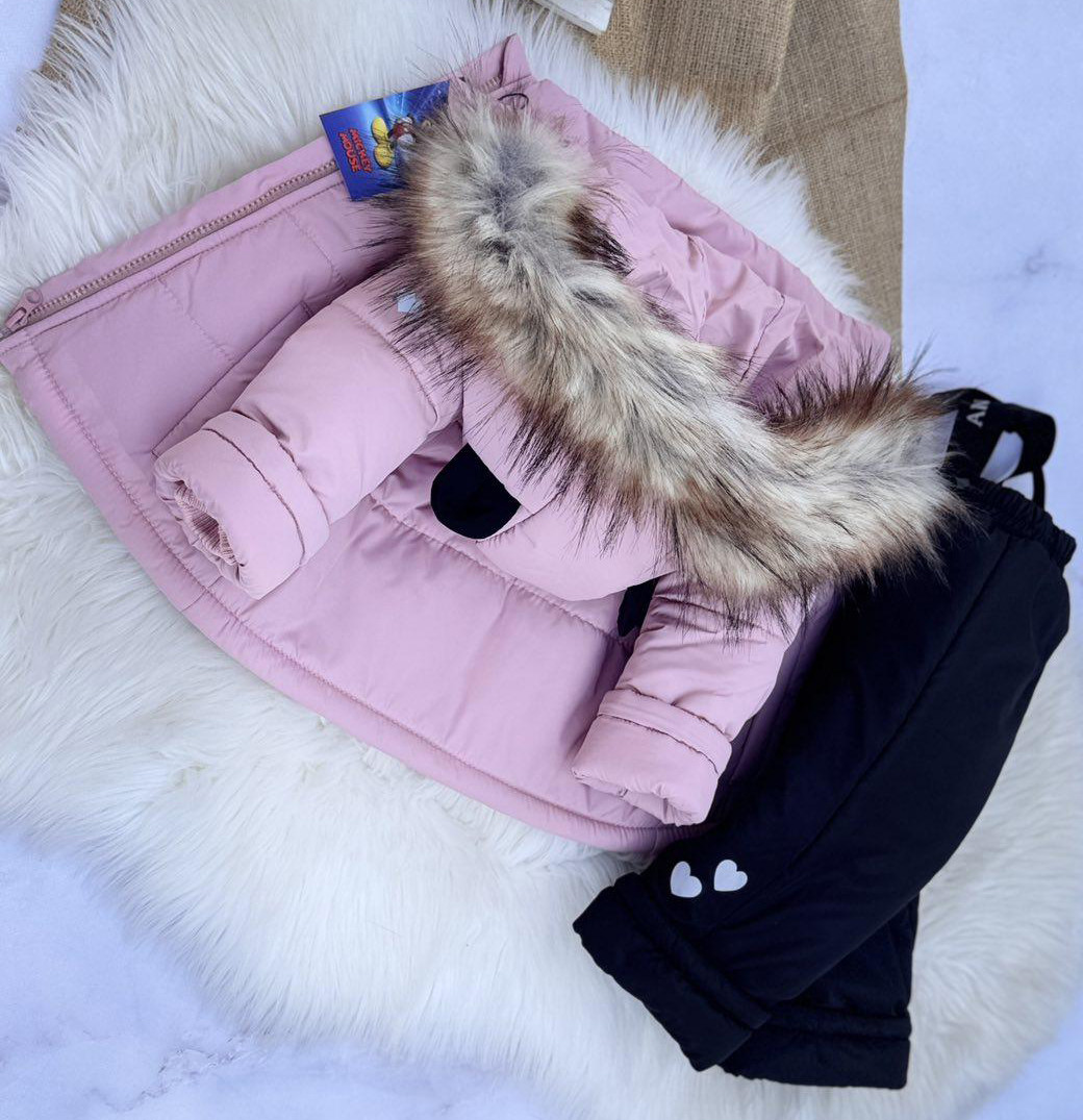 Зимовий комплект на овчині для дівчинки 1-6 років Дитячий роздільний комбінезон з капюшоном і вушками зима 86, фото 1