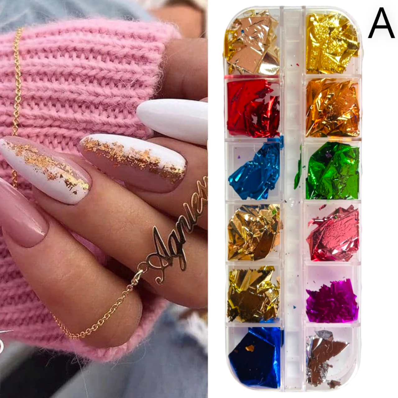 Набір жатої фольги (поталі)  (12 шт./уп.) для дизайну та декору нігтів А, фото 1