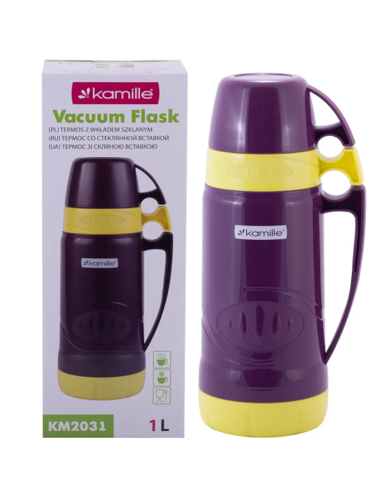 Термос 1000 мл зі скляною колбою Kamille пластиковий, 2 чашки, фото 1