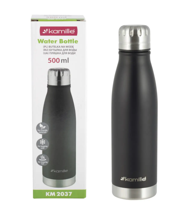 Термопляшка чорна 500 мл Kamille із нержавіючої сталі, фото 1