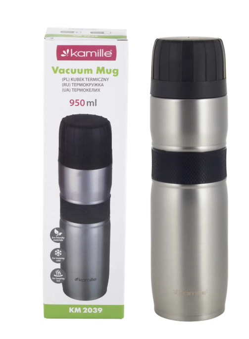 Термос 950 мл із нержавіючої сталі Kamille з гумовою вставкою, фото 1