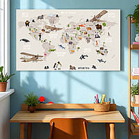 Дитяча картина Карта світу для дітей із тваринами Настінний декор для дитячої кімнати Друк на полотні 60х33см, фото 3
