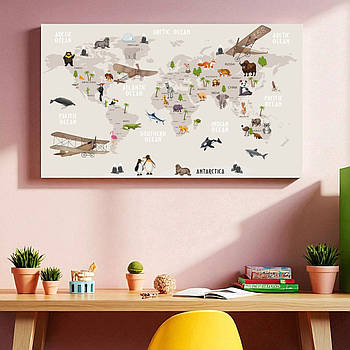 Дитяча картина Карта світу для дітей із тваринами Настінний декор для дитячої кімнати Друк на полотні 30Х33см