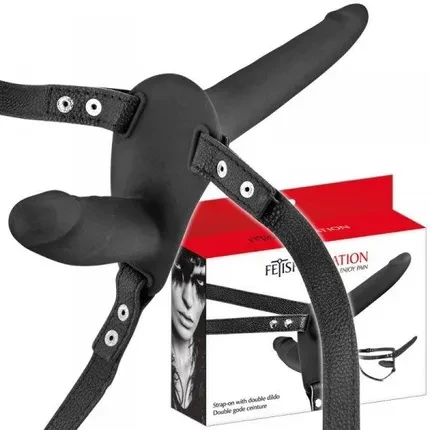 Подвійний страпон з вібрацією Fetish Tentation Vibrating Strap-On with Double Dildo Black , USB кабель у комплекті, фото 1