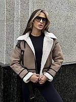 Короткая женская дубленка авиатор с мехом тедди на поясе молодежная теплая дубленка косуха на молнии для девушек