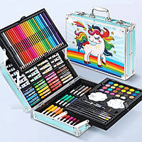 Набор-чемодан для детского творчества на 145 предметов в алюминиевом кейсе "Единорог" Голубой