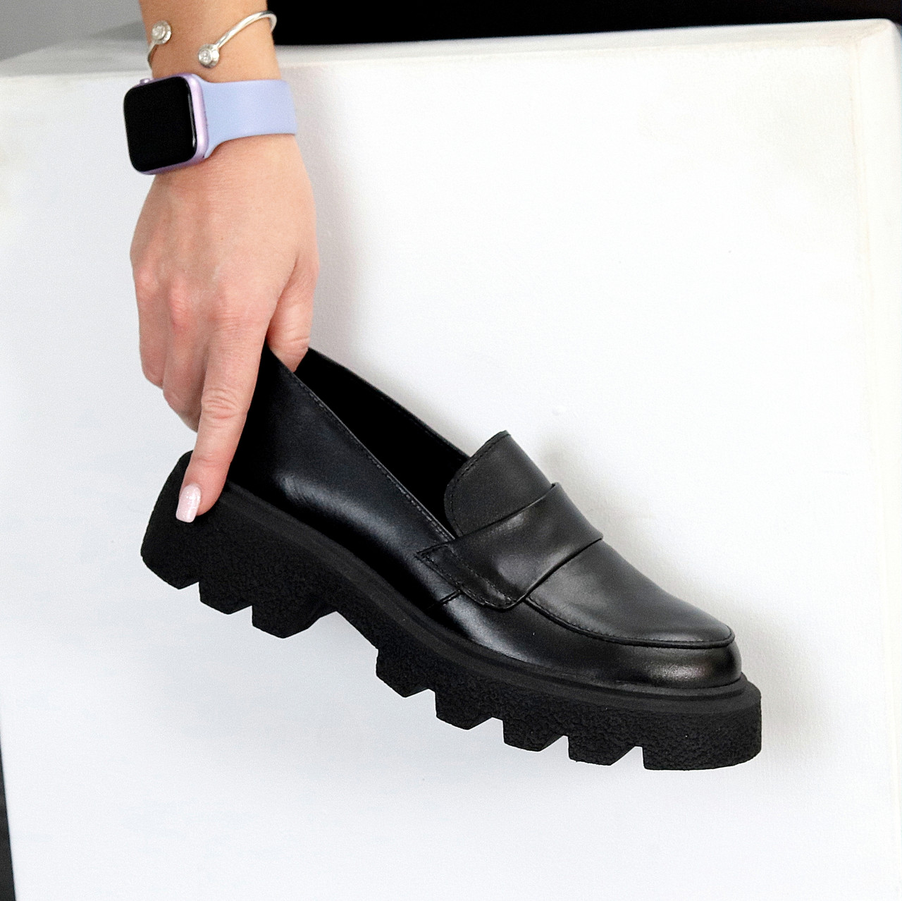 Щоденні чорні шкіряні туфлі лофери сучасний дизайн, фото 1