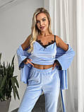 Велюровий жіночий домашній костюм-піжама-трійка блакитний, фото 2