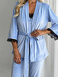 Велюровий жіночий домашній костюм-піжама-трійка блакитний, фото 3