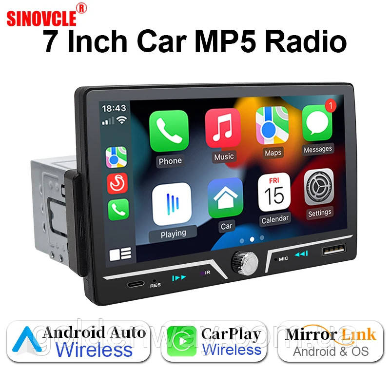 Автомагнітола 1DIN MP5 PODOFO 7030D Bluetooth сенсорний екран 7" дюймів та бездротовий CarPlay Android Auto, фото 1