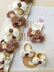 Резинки для волосся дитячі із хутра 10 пар/уп БАНТ БІЛІ ТА КОРИЧНЕВІ ЗІ СТРАЗАМИ