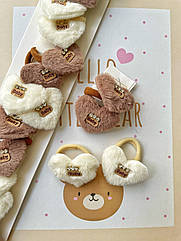 Резинки для волосся дитячі із хутра 10 пар/уп СЕРЦЕ БІЛІ ТА КОРИЧНЕВІ ЗІ СТРАЗАМИ