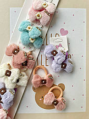 Резинки для волосся дитячі із хутра 10 пар/уп БАНТ КОЛЬОРОВІ ЗІ СТРАЗАМИ