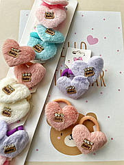 Резинки для волосся дитячі із хутра 10 пар/уп СЕРЦЕ КОЛЬОРОВІ ЗІ СТРАЗАМИ