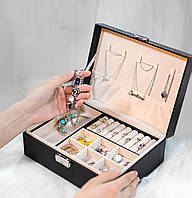 Кожанa шкатулка-органайзер для прикрас 23×17×9 см, біжутерії, кілець, сережок, компактна, чорний колір