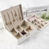 Кожанa шкатулка-органайзер для прикрас 23×17×9 см, біжутерії, кілець, сережок, компактна, білий колір