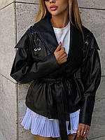 Трендова жіноча демісезонна куртка з екошкіри пояс в комплекті Kb215