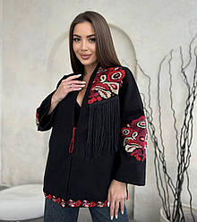 Жіночий вишитий піджак накидка з кашемірової тканини з вишивкою та бахрамою розміри S