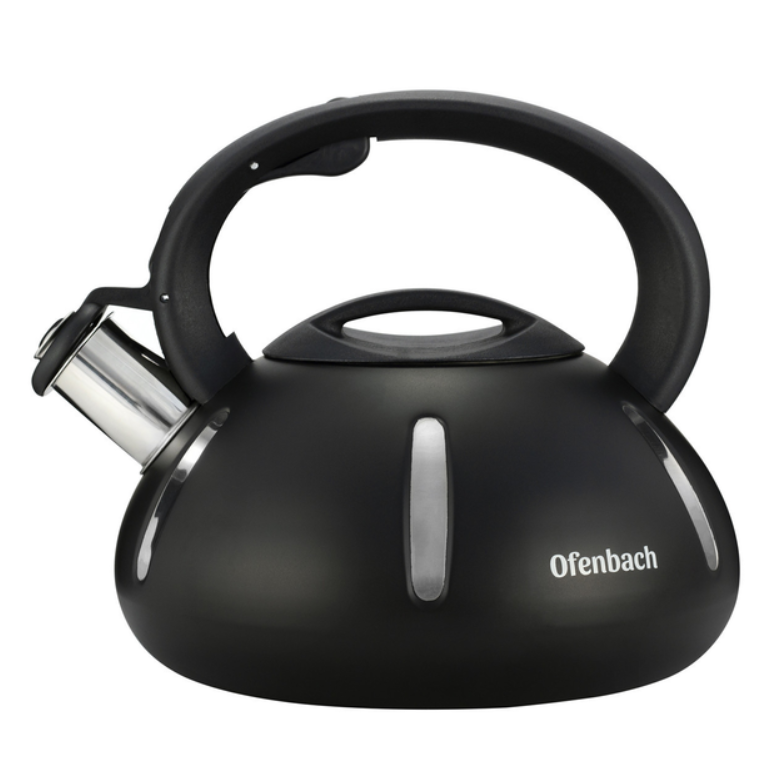 Чайник 2,5 л Ofenbach із нержавіючої сталі зі свистком чорний матовий зі смугами, фото 1