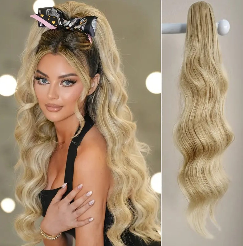 Накладний хвіст на крабі термоволокно шиньйон теплий блонд 61 см, фото 1